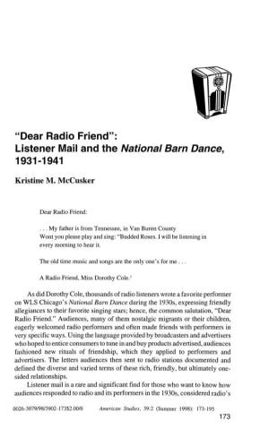 "Dear Radio Friend": Listener Mail and the National Barn Dance, 1931-1941