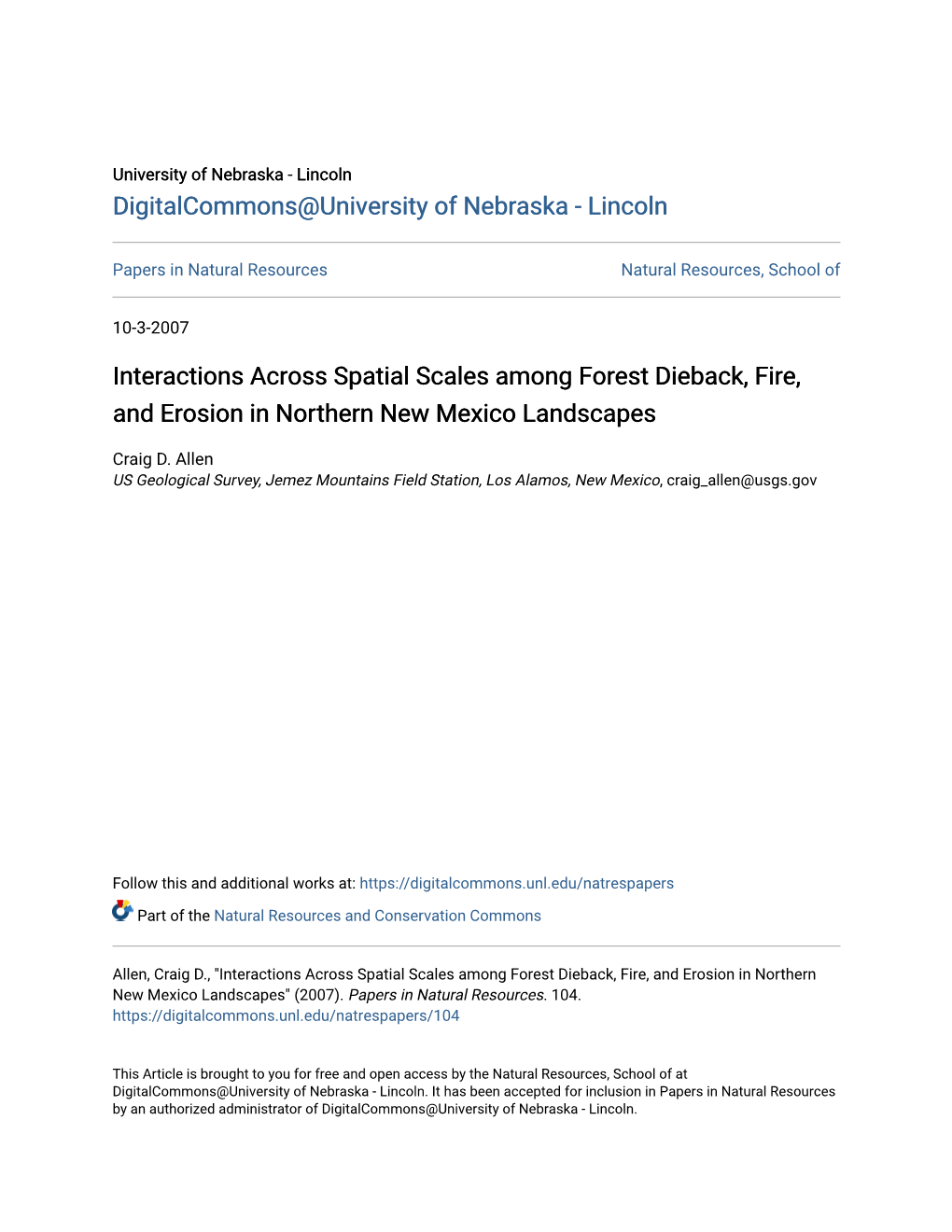 Interactions Across Spatial Scales Among Forest Dieback, Fire, and Erosion in Northern New Mexico Landscapes