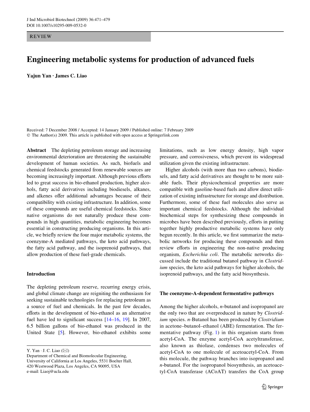 Engineering Metabolic Systems for Production of Advanced Fuels