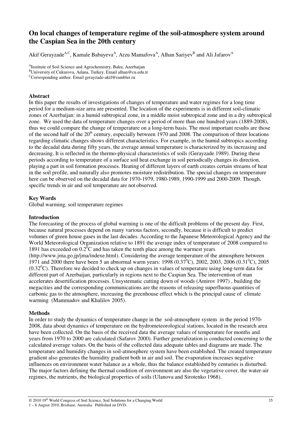 On Local Changes of Temperature Regime of the Soil-Atmosphere System Around the Caspian Sea in the 20Th Century