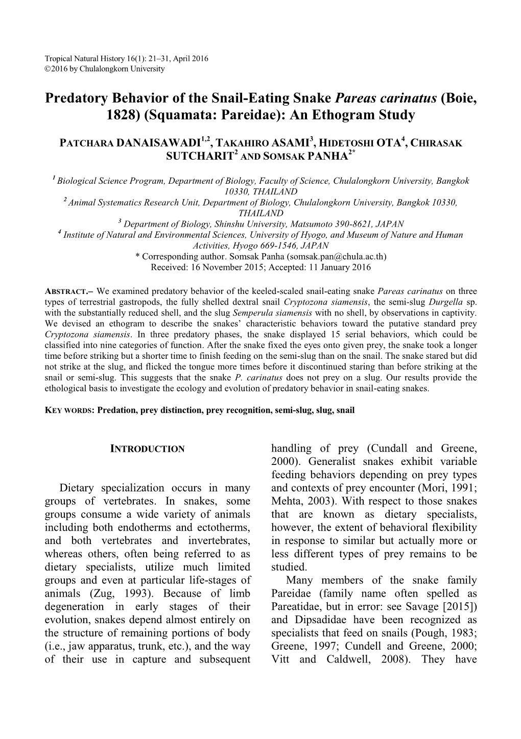 Predatory Behavior of the Snail-Eating Snake Pareas Carinatus (Boie, 1828) (Squamata: Pareidae): an Ethogram Study