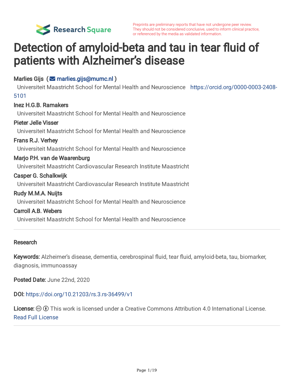 Detection of Amyloid-Beta and Tau in Tear Uid of Patients with Alzheimer's