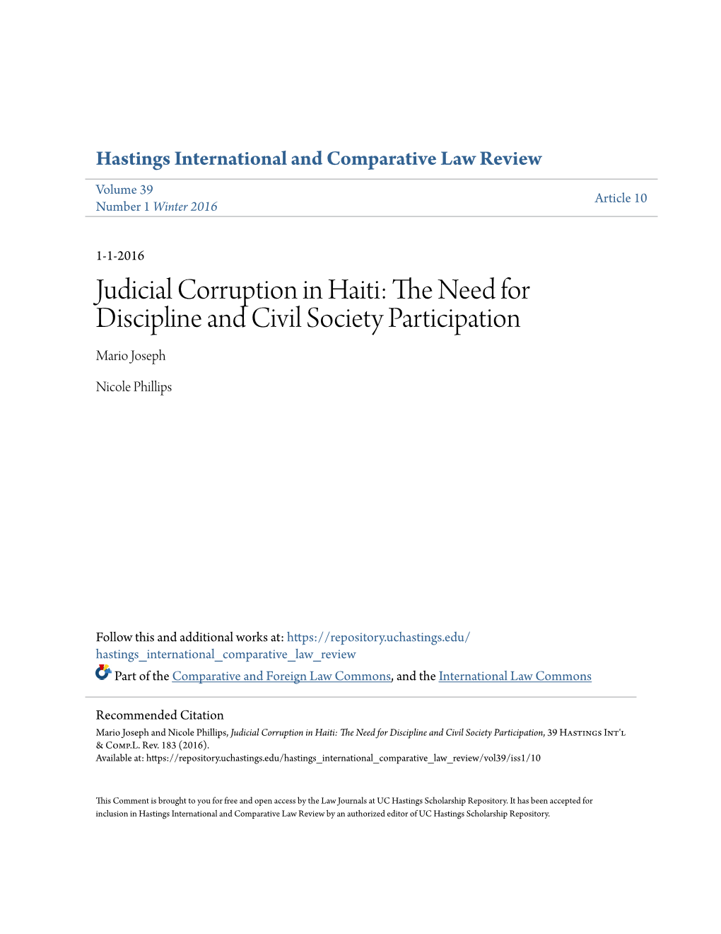 Judicial Corruption in Haiti: the Eedn for Discipline and Civil Society Participation Mario Joseph