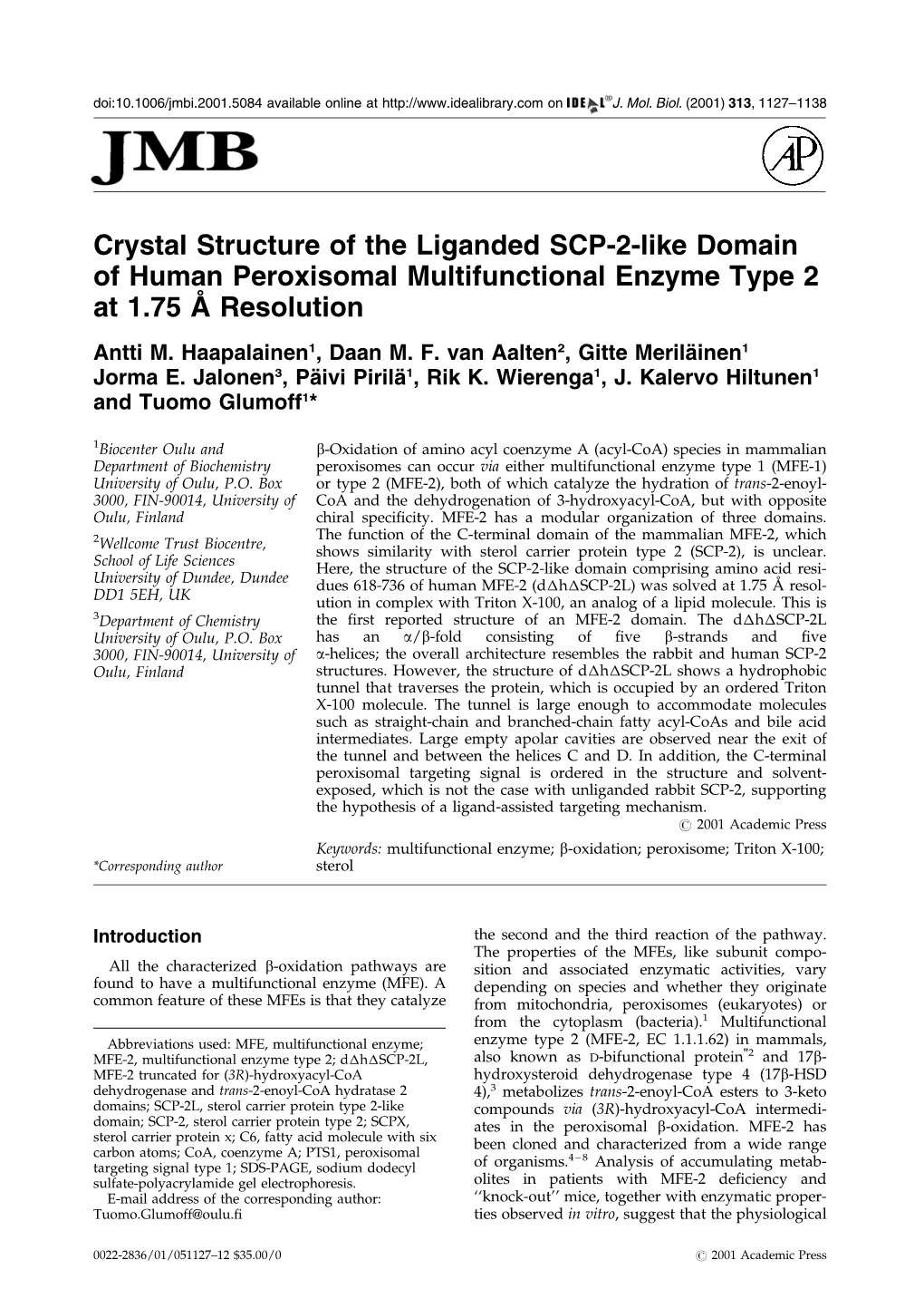 Crystal Structure of the Liganded SCP-2-Like Domain of Human Peroxisomal Multifunctional Enzyme Type 2 at 1.75 a Resolution