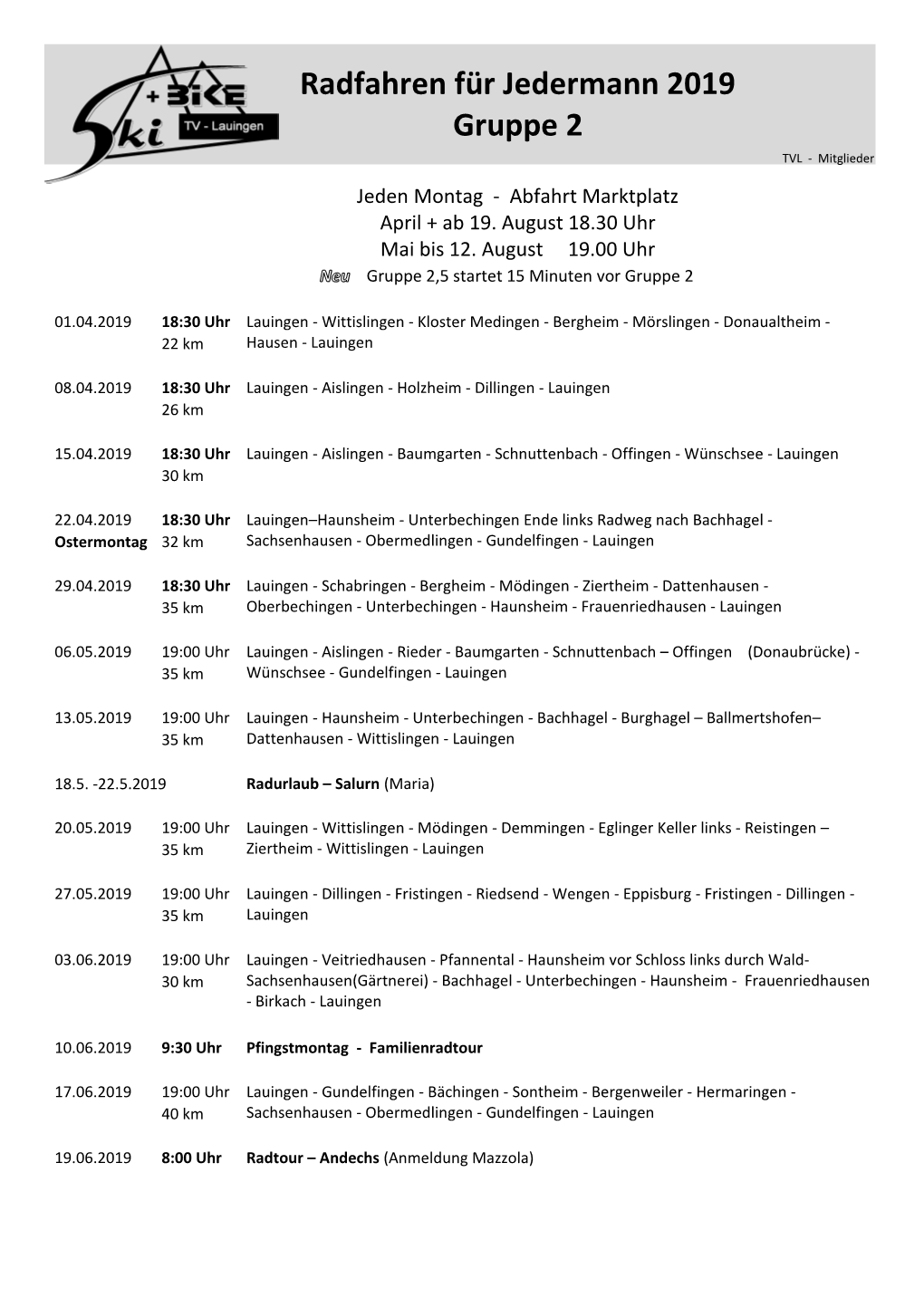 Radfahren Für Jedermann 2019 Gruppe 2 TVL - Mitglieder Jeden Montag - Abfahrt Marktplatz April + Ab 19
