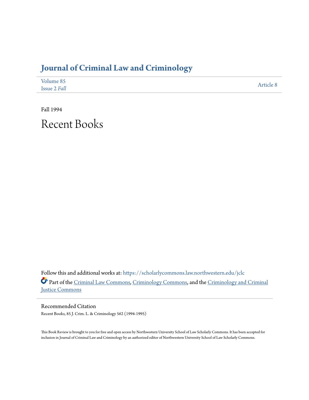 Recent Books Criminal Law and Criminology