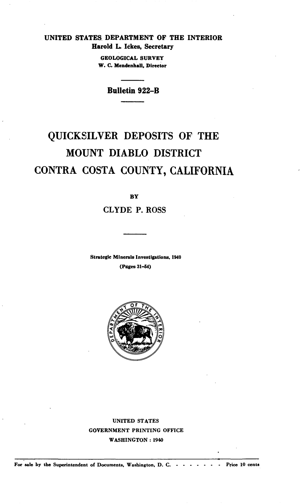 Quicksilver Deposits of the Mount Diablo District Contra Costa County, California