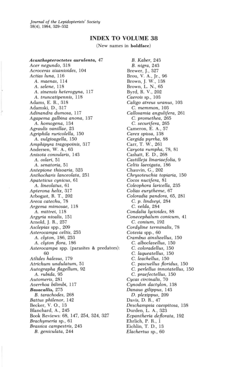 INDEX to VOLUME 38 (New Names in Boldface)