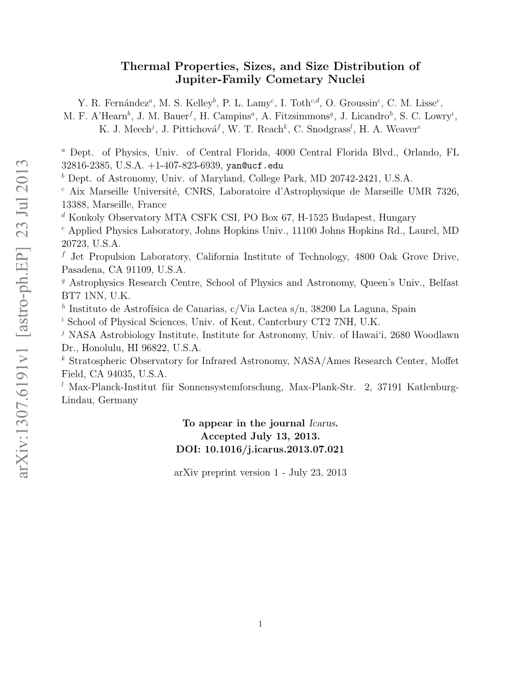 Thermal Properties, Sizes, and Size Distribution of Jupiter-Family