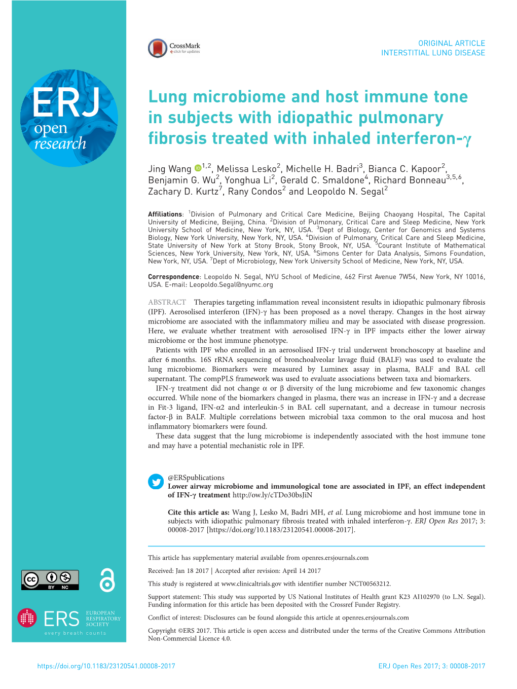 Lung Microbiome and Host Immune Tone in Subjects with Idiopathic Pulmonary Fibrosis Treated with Inhaled Interferon-Γ