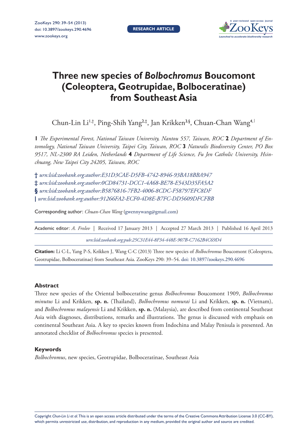 Three New Species of Bolbochromus Boucomont (Coleoptera, Geotrupidae, Bolboceratinae) from Southeast Asia