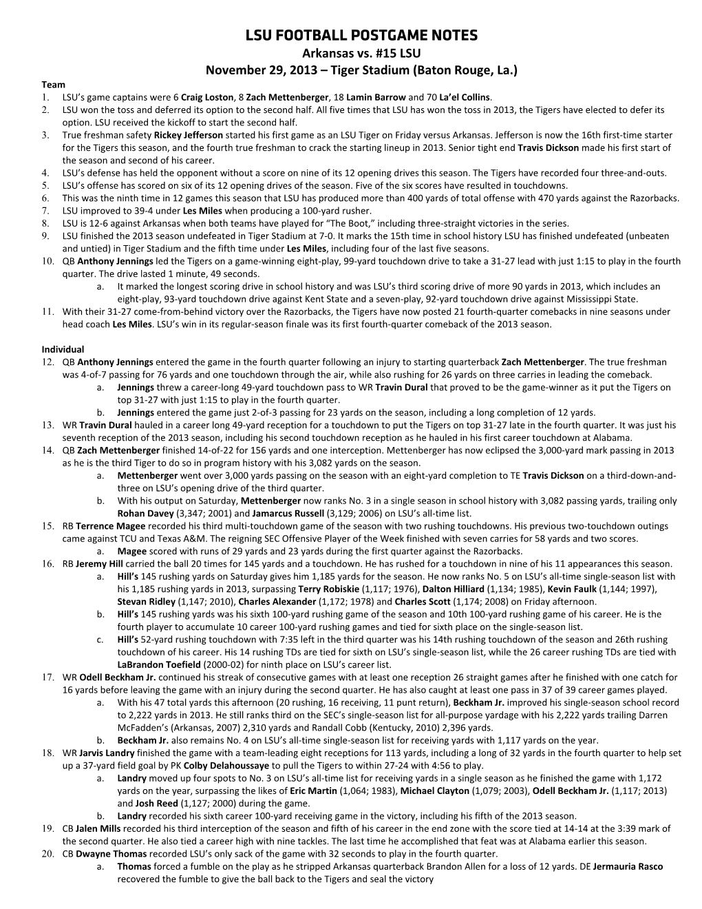 LSU FOOTBALL POSTGAME NOTES Arkansas Vs