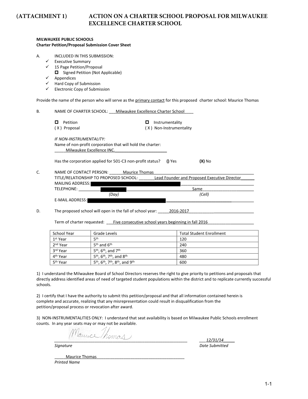 (Attachment 1) Action on a Charter School Proposal for Milwaukee Excellence Charter School