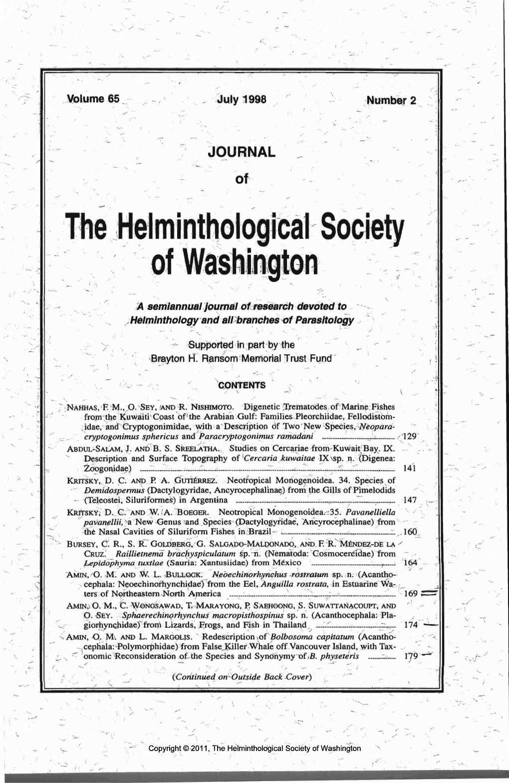 Journal of the Helminthological Society of Washington 65(2) 1998