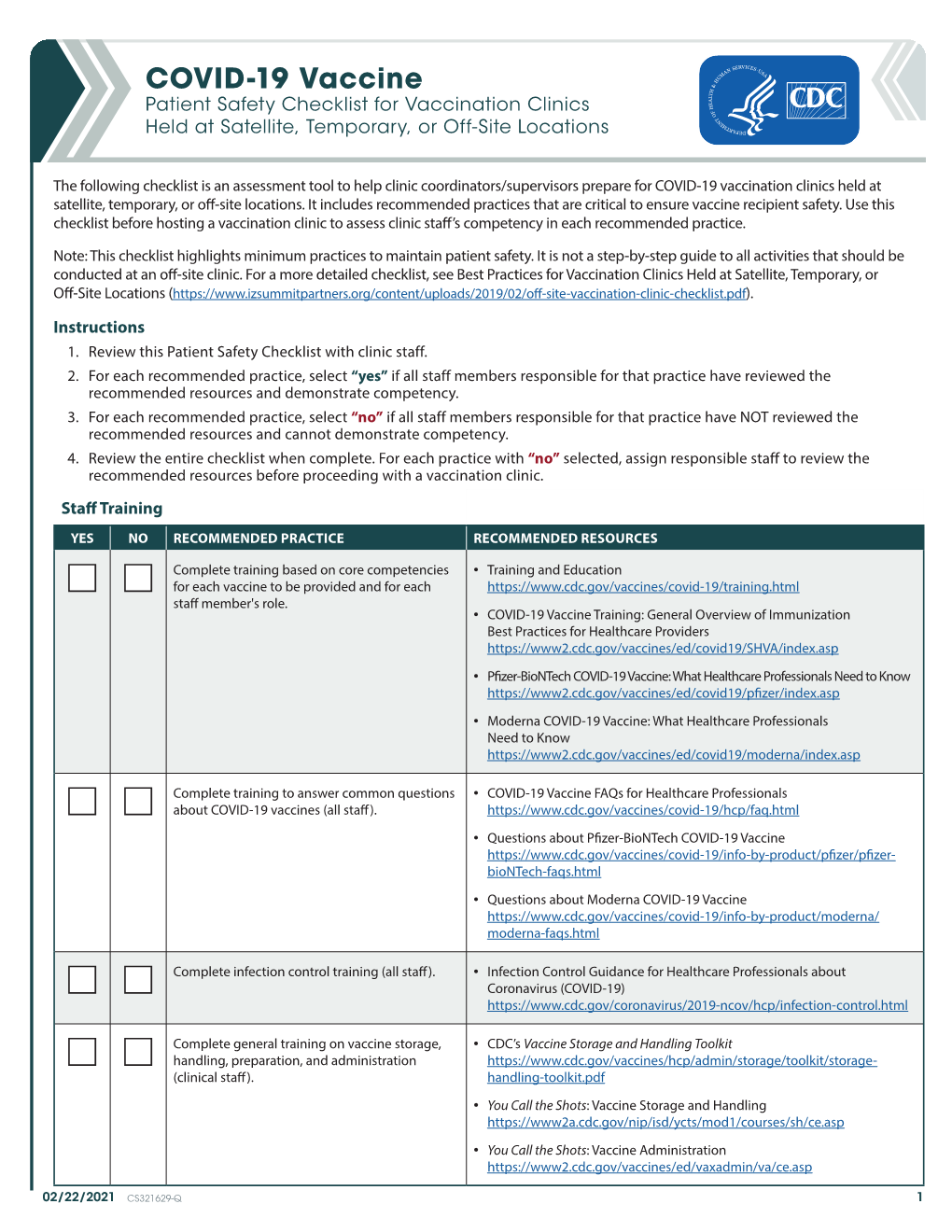 CDC COVID-19 Patient Safety Checklist for Vaccination Clinics