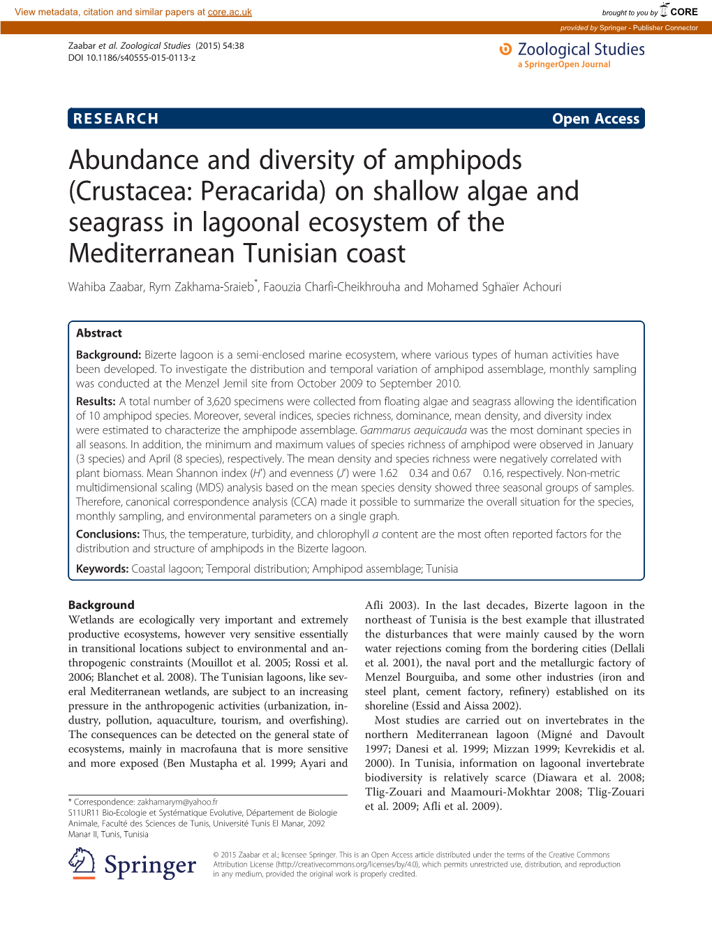 Abundance and Diversity of Amphipods (Crustacea: Peracarida) on Shallow Algae and Seagrass in Lagoonal Ecosystem of the Mediterr