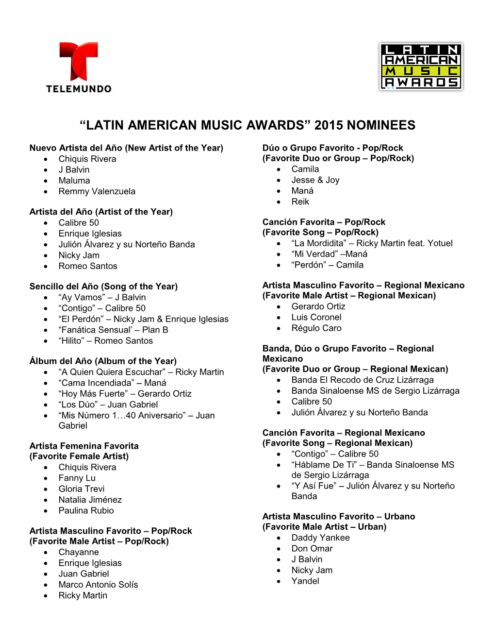 Latin American Music Awards” 2015 Nominees