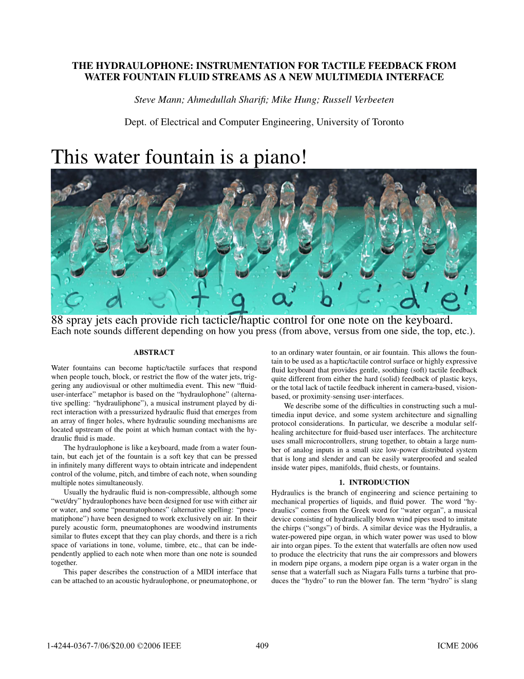 The Hydraulophone: Instrumentation for Tactile Feedback from Water Fountain Fluid Streams As a New Multimedia Interface