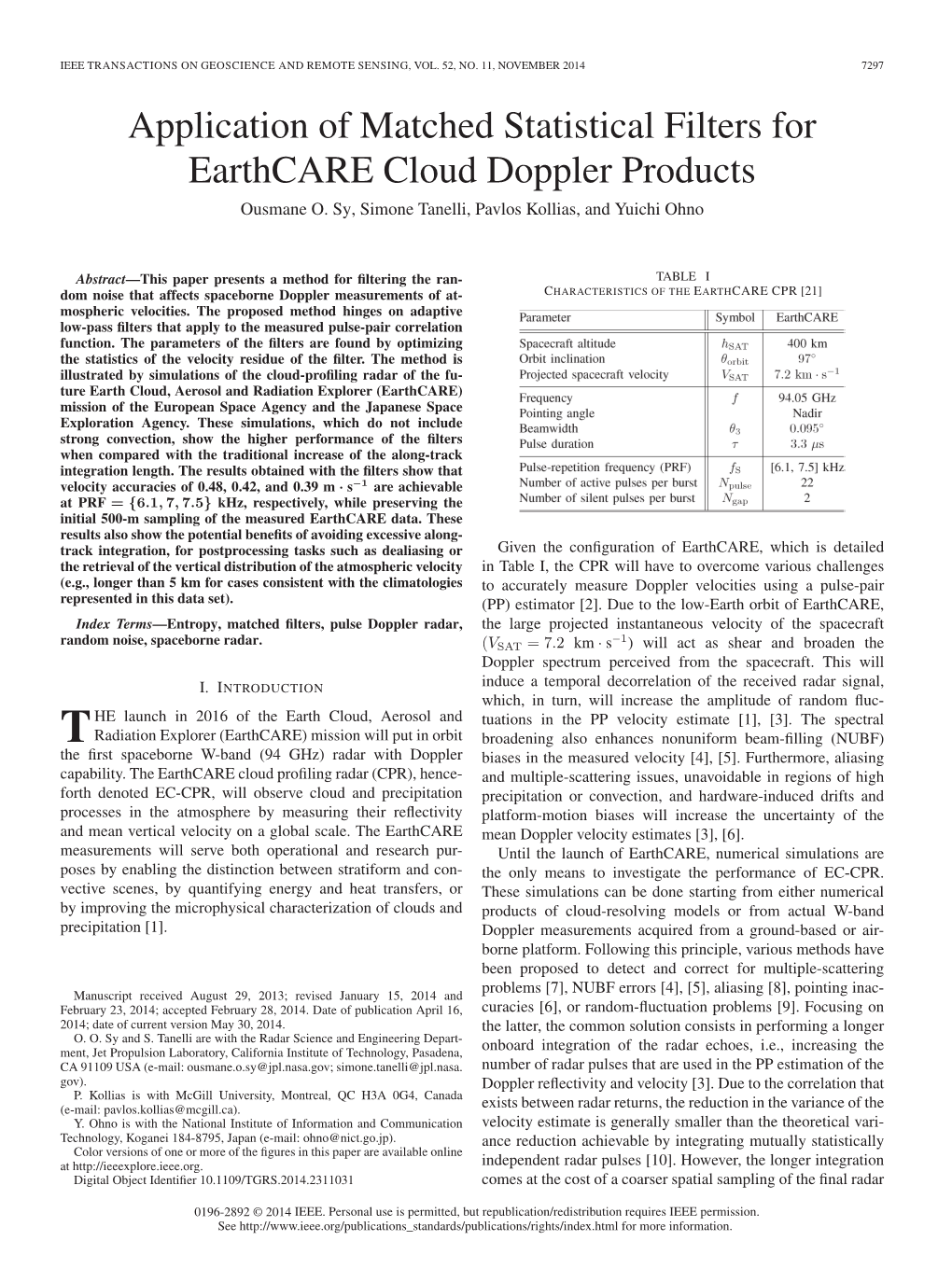 Application of Matched Statistical Filters for Earthcare Cloud Doppler Products Ousmane O