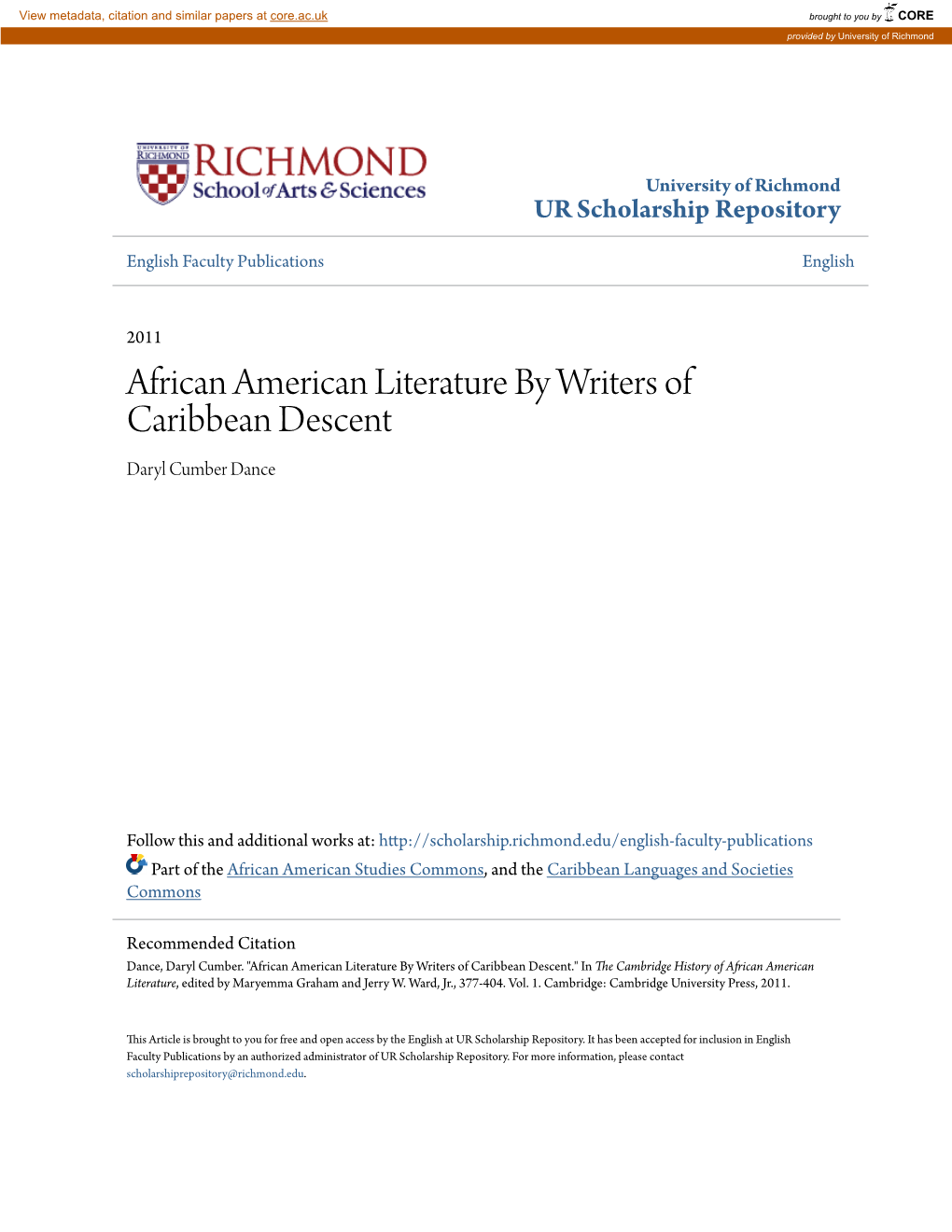 African American Literature by Writers of Caribbean Descent Daryl Cumber Dance