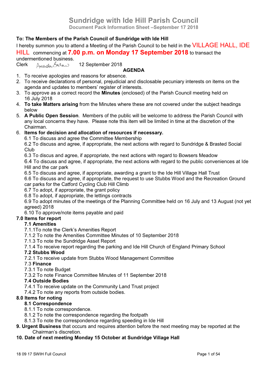 Sundridge with Ide Hill Parish Council Document Pack Information Sheet –September 17 2018