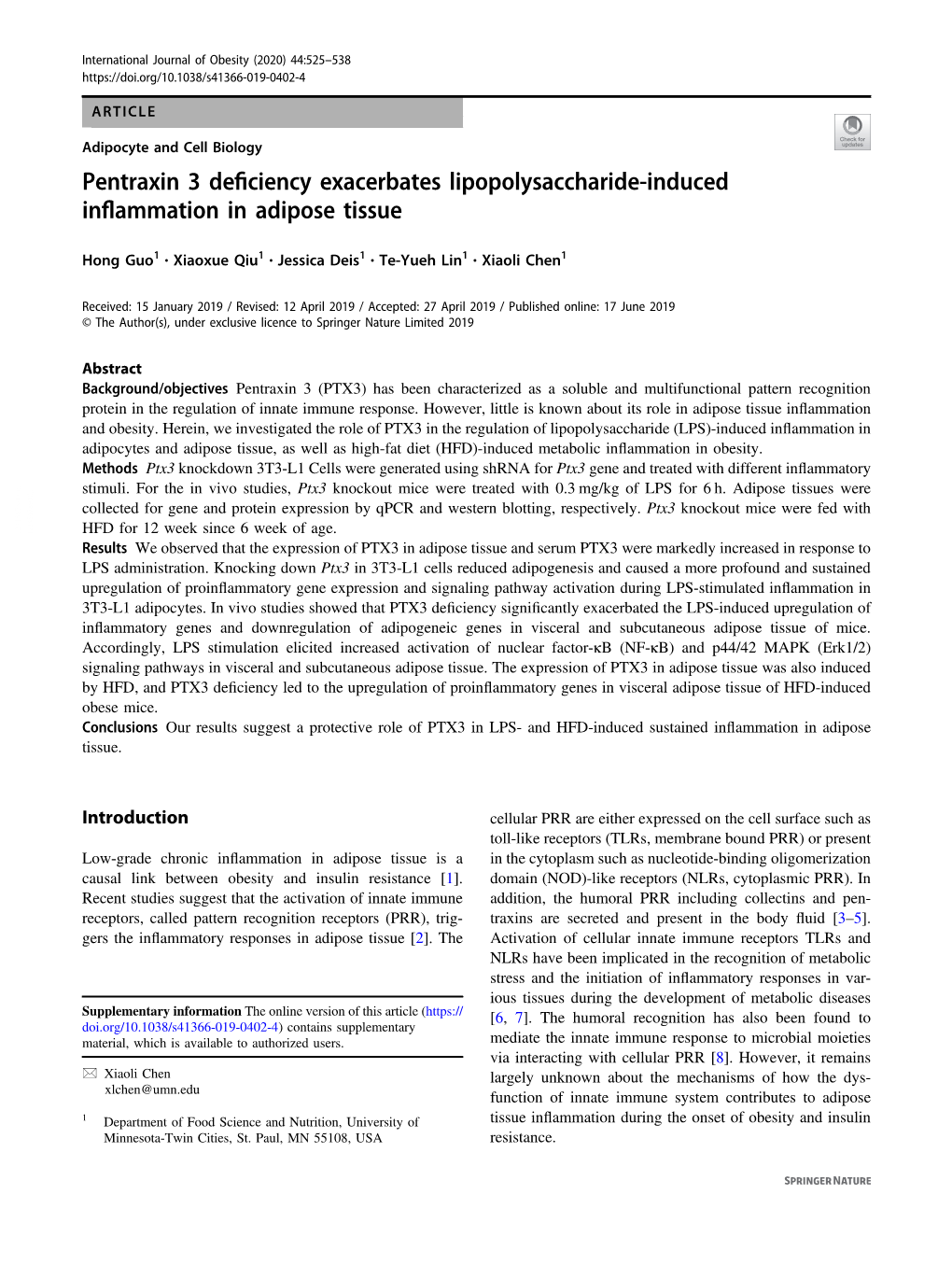 Pentraxin 3 Deficiency Exacerbates Lipopolysaccharide-Induced Inflammation in Adipose Tissue