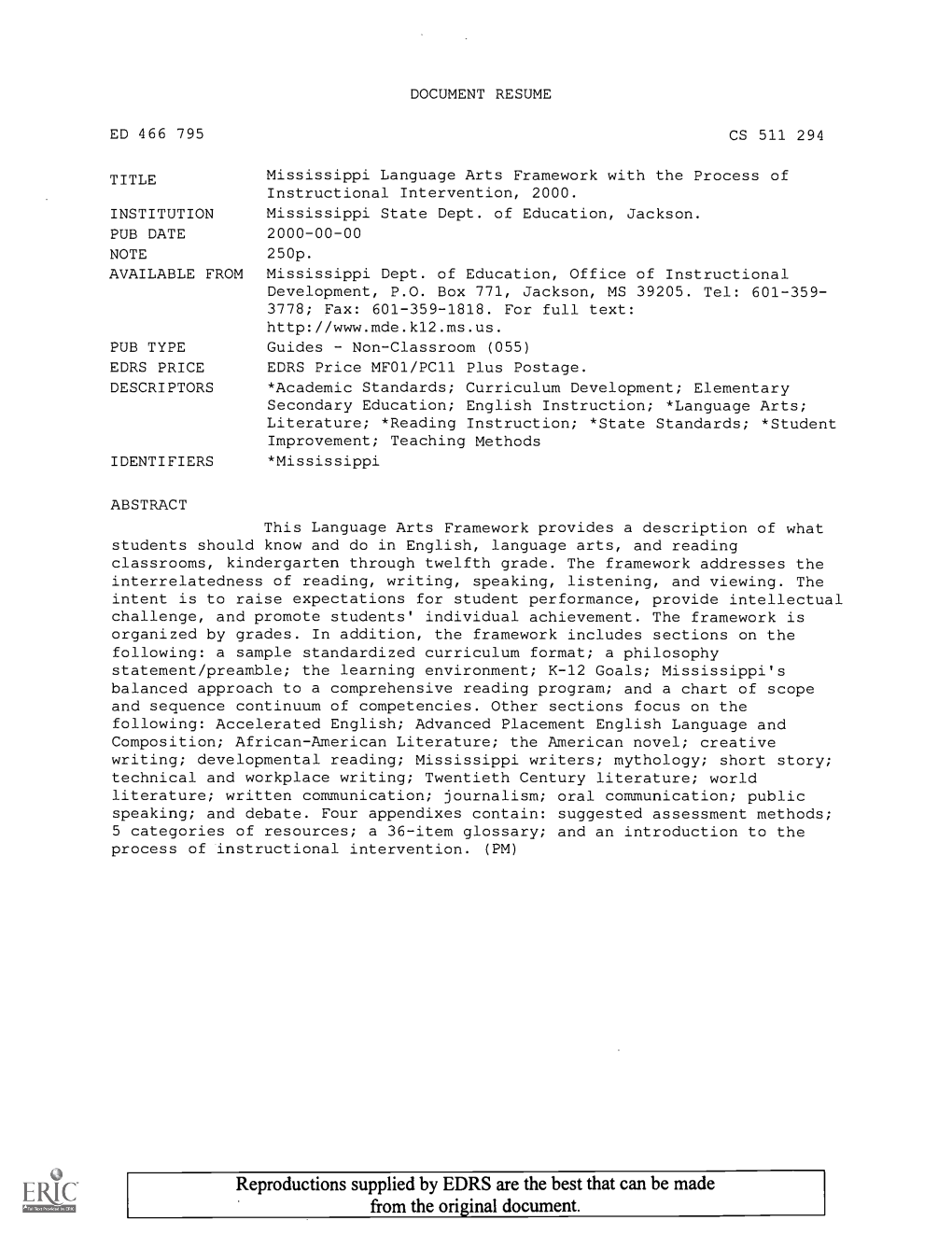 Mississippi Language Arts Framework with the Process of Instructional Intervention, 2000