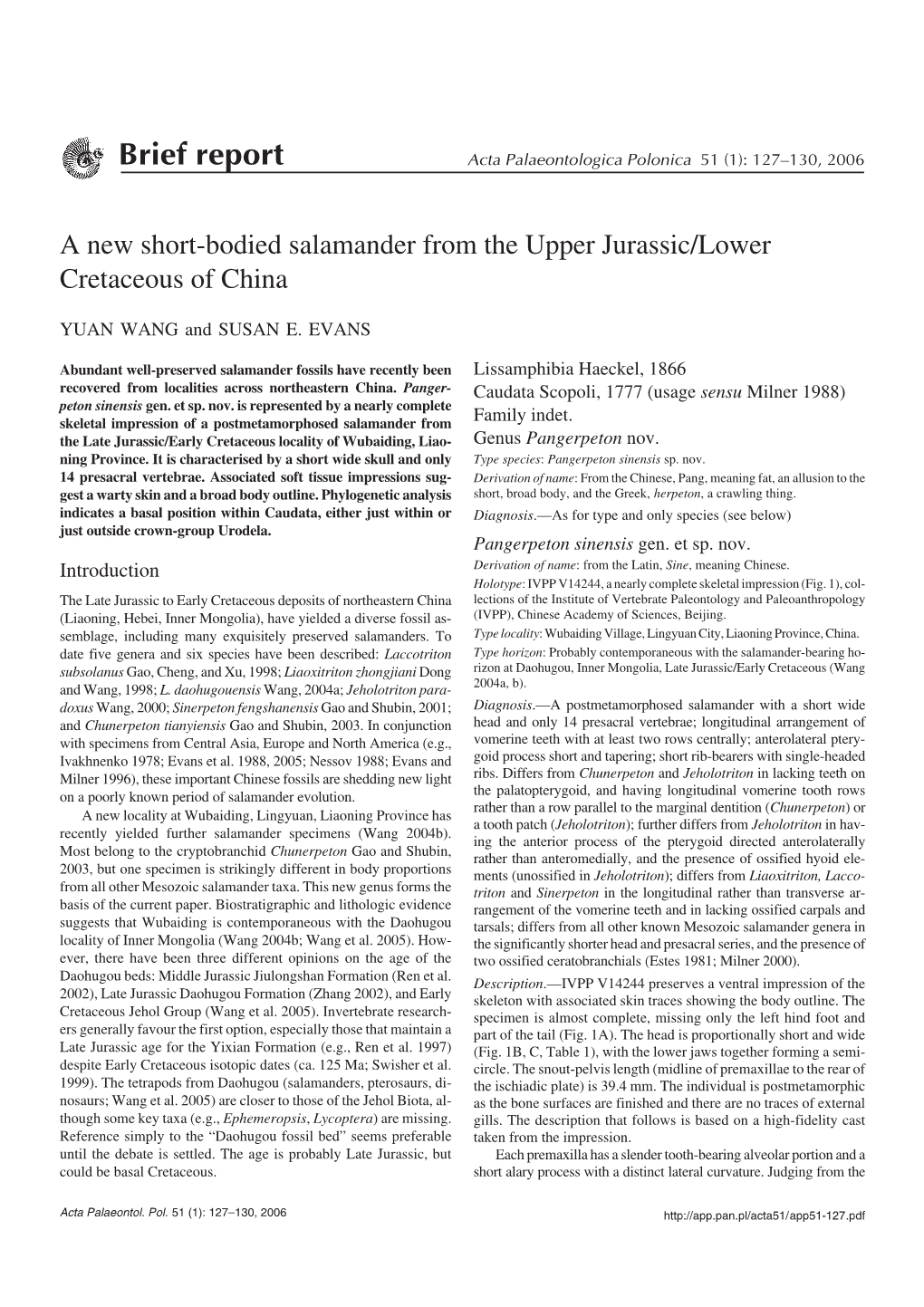 A New Short-Bodied Salamander from the Upper Jurassic/Lower