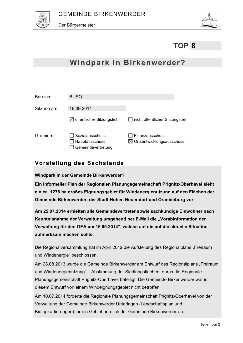 TOP 8 Windpark in Birkenwerder?