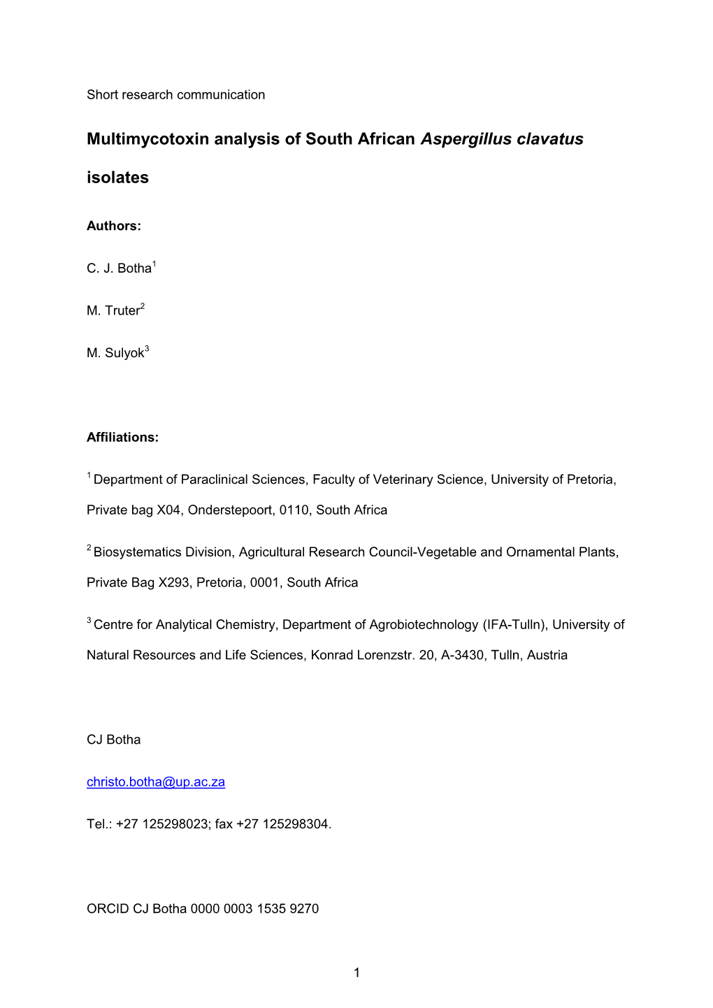 Multimycotoxin Analysis of South African Aspergillus Clavatus Isolates