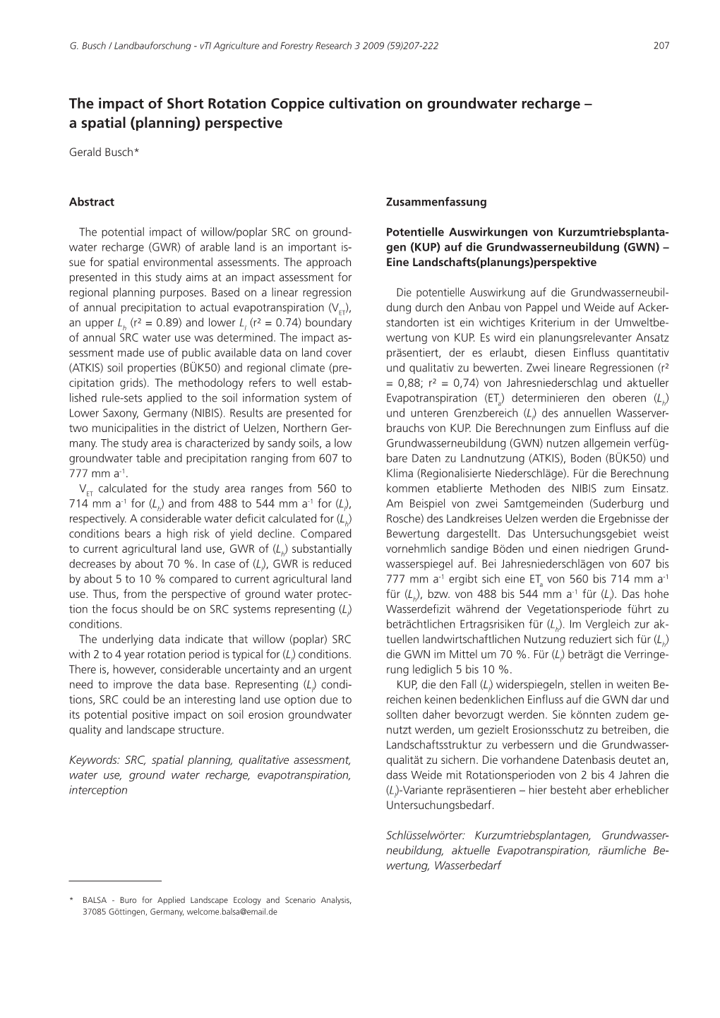 The Impact of Short Rotation Coppice Cultivation on Groundwater Recharge – a Spatial (Planning) Perspective