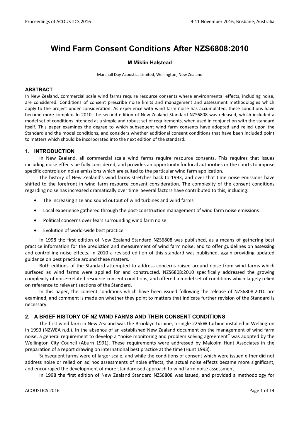 Wind Farm Consent Conditions After NZS6808:2010