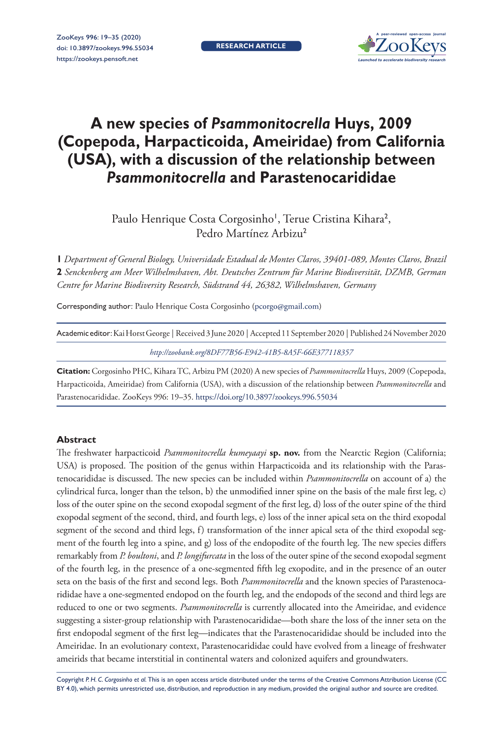 Copepoda, Harpacticoida, Ameiridae) from California (USA), with a Discussion of the Relationship Between Psammonitocrella and Parastenocarididae