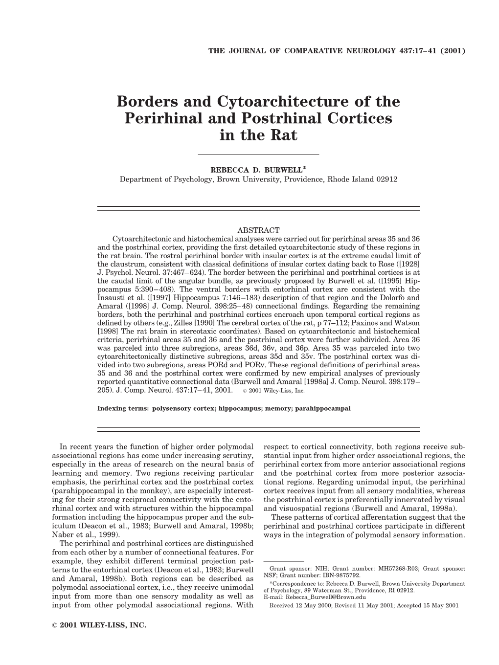 Borders and Cytoarchitecture of the Perirhinal and Postrhinal Cortices in the Rat