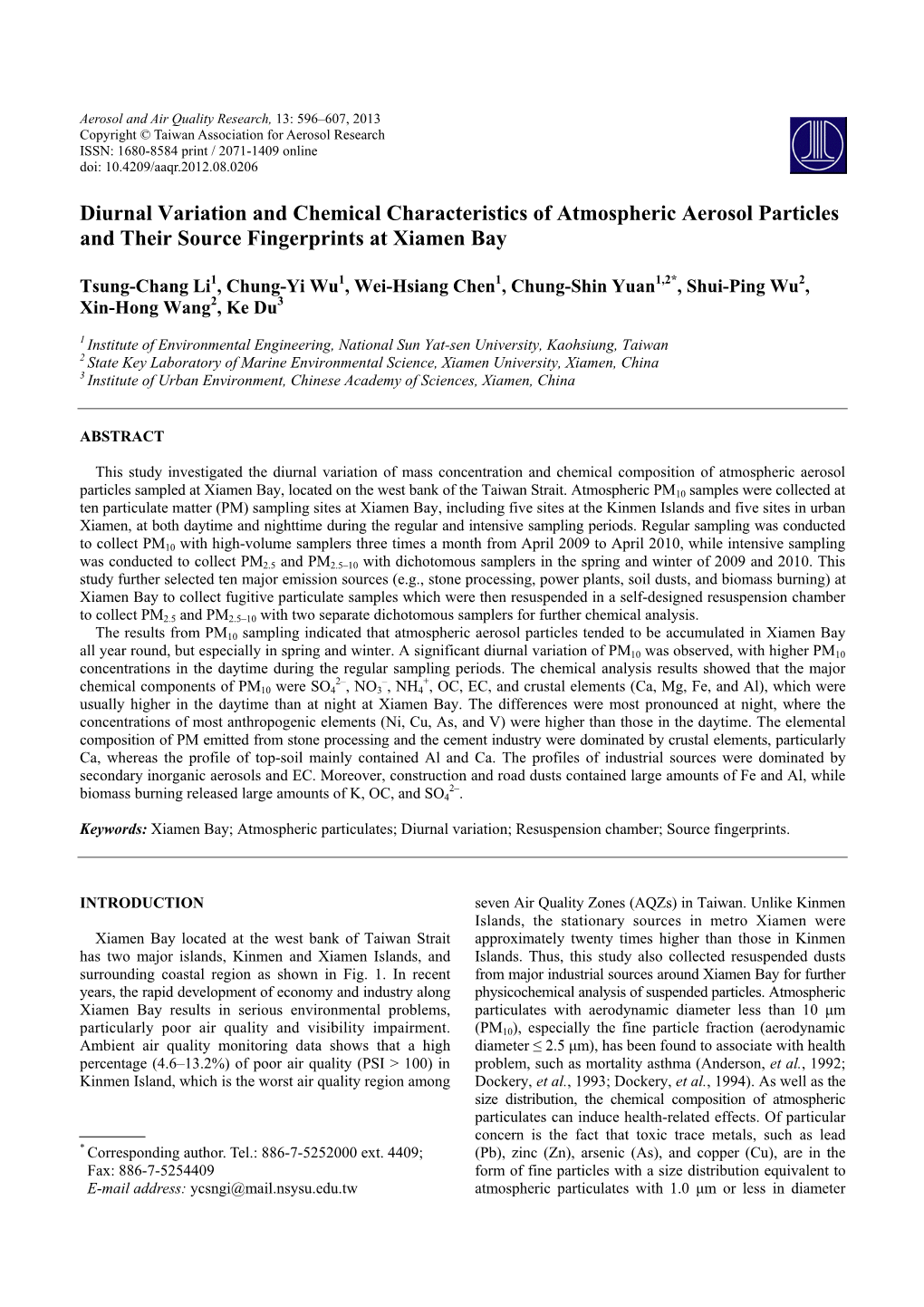 Diurnal Variation and Chemical Characteristics of Atmospheric Aerosol Particles and Their Source Fingerprints at Xiamen Bay