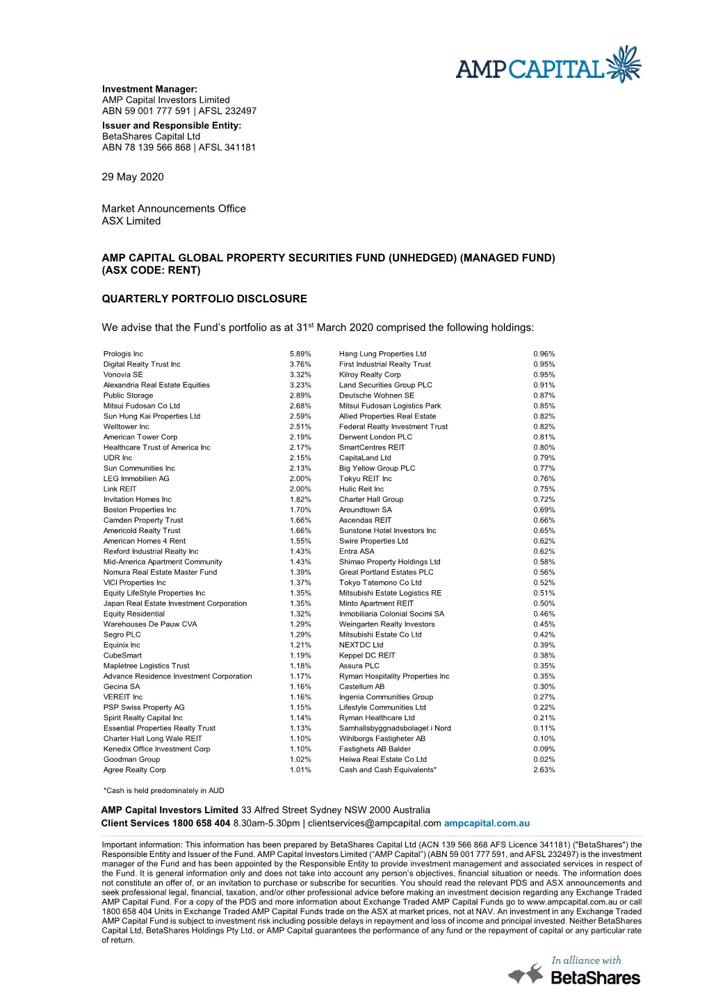 29 May 2020 Market Announcements Office ASX Limited AMP CAPITAL GLOBAL PROPERTY SECURITIES FUND (UNHEDGED) (MANAGED FUND) (ASX