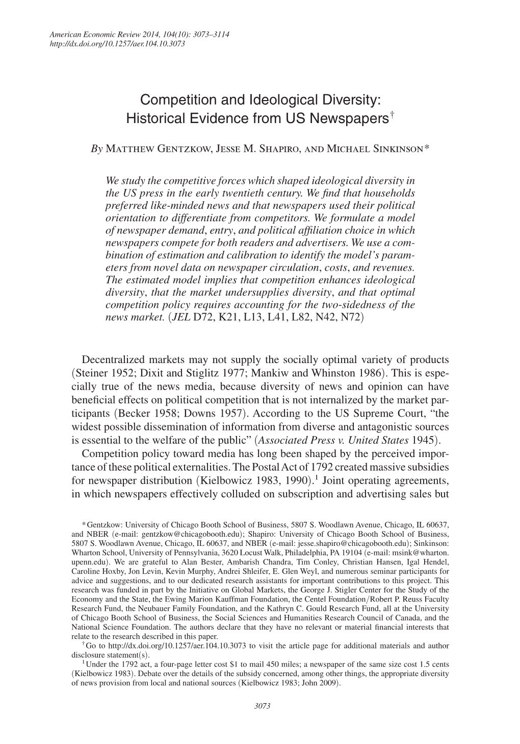 Competition and Ideological Diversity: Historical Evidence from US Newspapers †