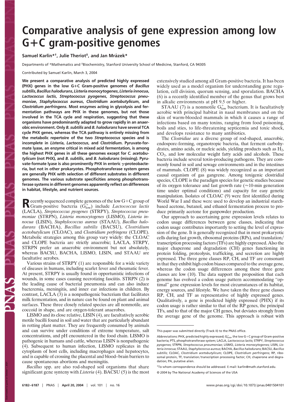 Comparative Analysis of Gene Expression Among Low G C Gram-Positive Genomes