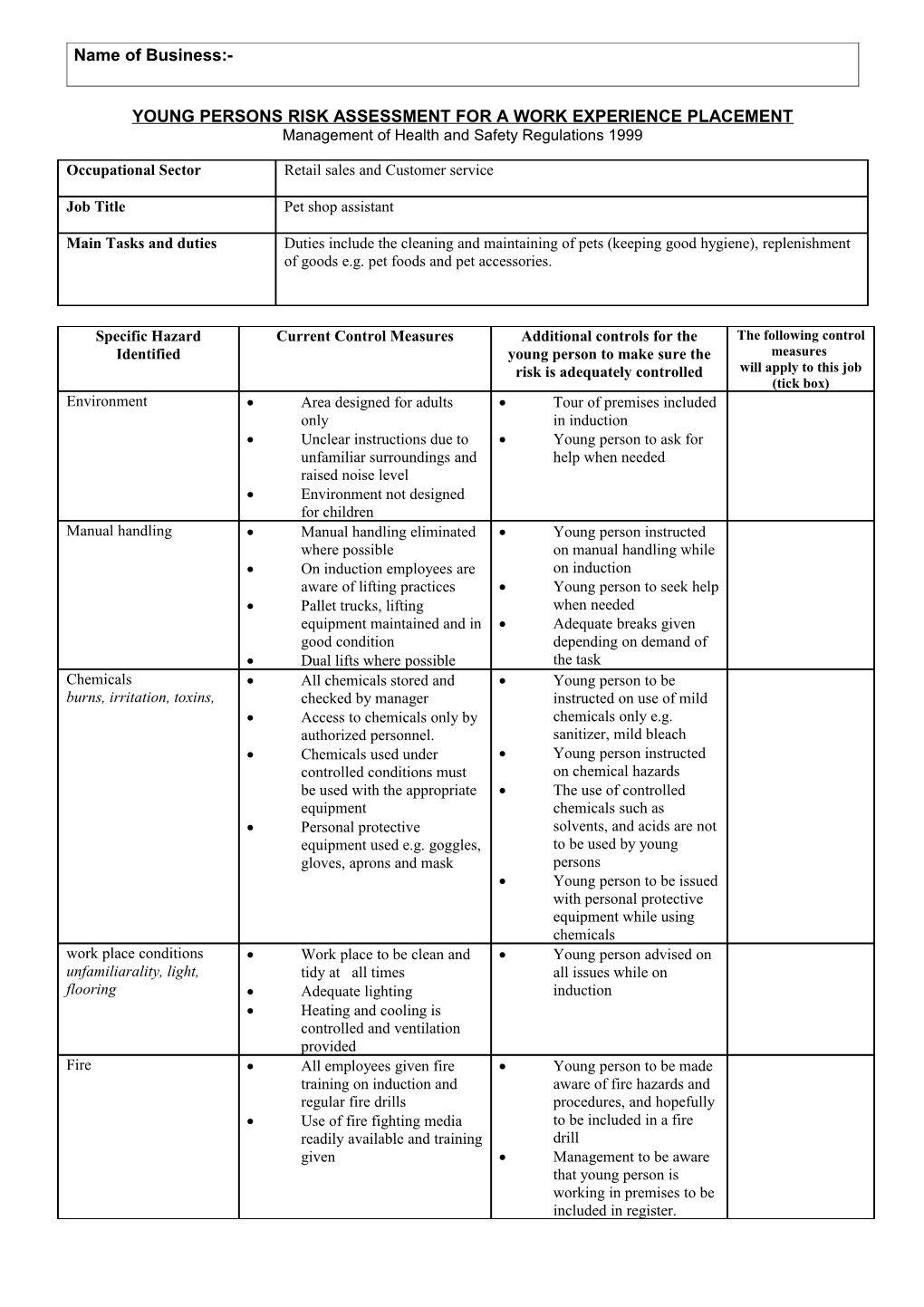 Section 3 - YOUNG PERSONS RISK ASSESSMENT for the STUDENT