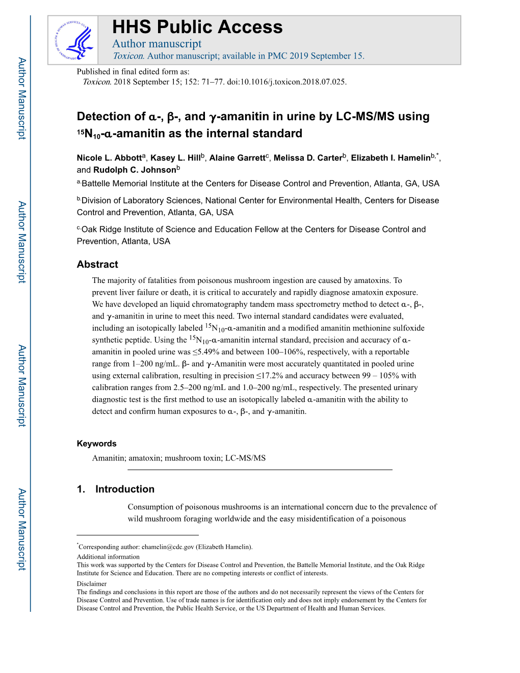 Detection of Α-, Β-, and Γ-Amanitin in Urine by LC-MS/MS Using 15 N10-Α-Amanitin As the Internal Standard