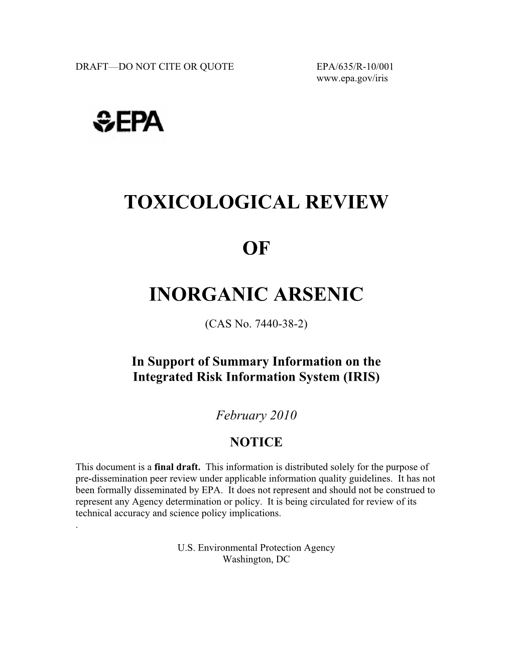 TOXICOLOGICAL REVIEW of INORGANIC ARSENIC (CAS No