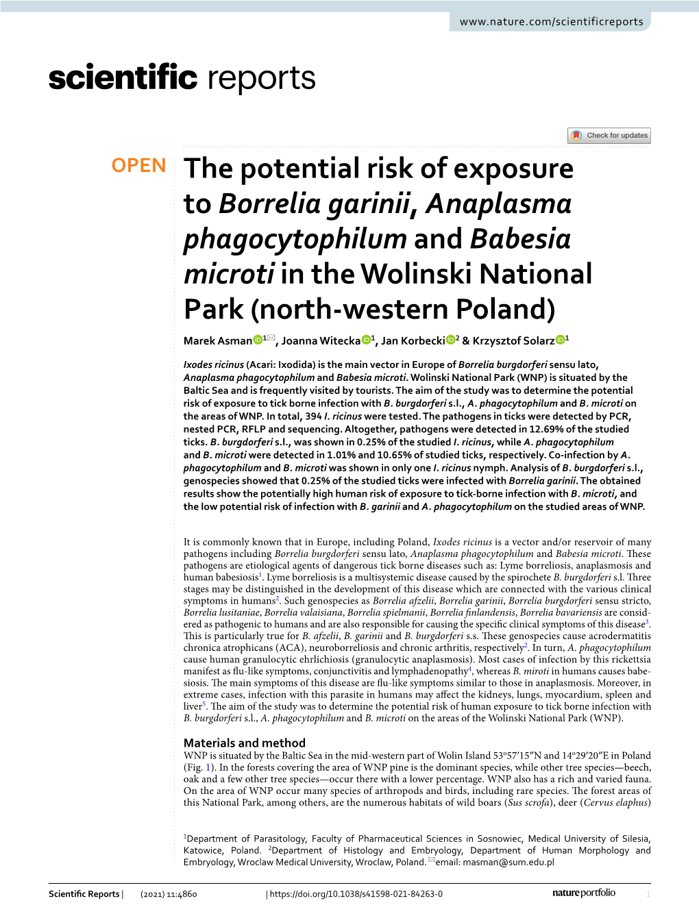 The Potential Risk of Exposure to Borrelia Garinii, Anaplasma