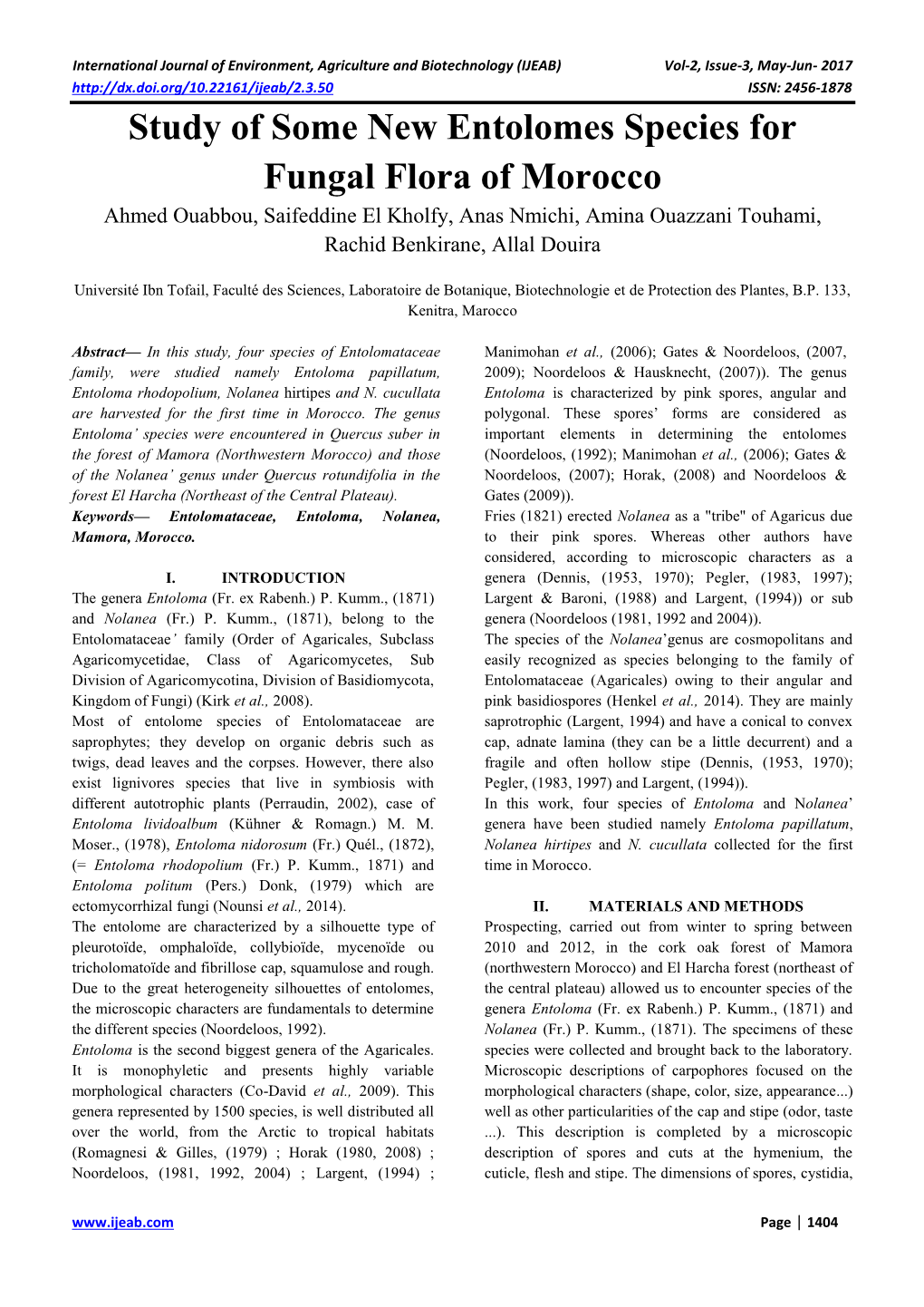 Study of Some New Entolomes Species for Fungal Flora of Morocco