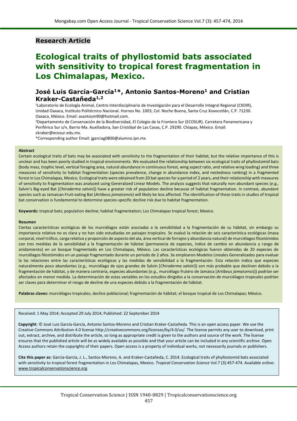 Ecological Traits of Phyllostomid Bats Associated with Sensitivity to Tropical Forest Fragmentation in Los Chimalapas, Mexico