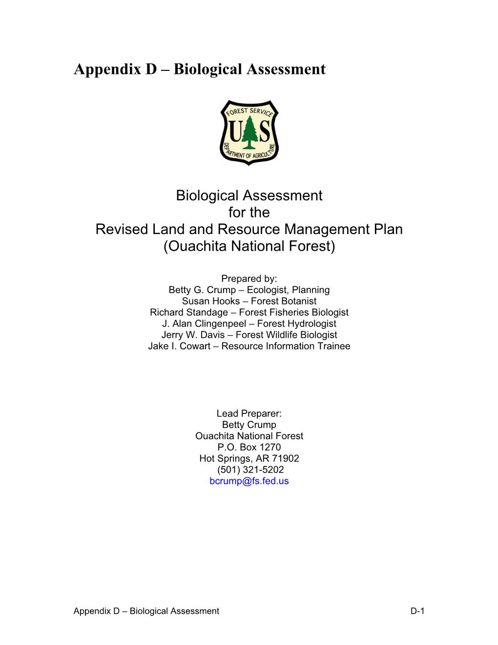 Appendix D – Biological Assessment