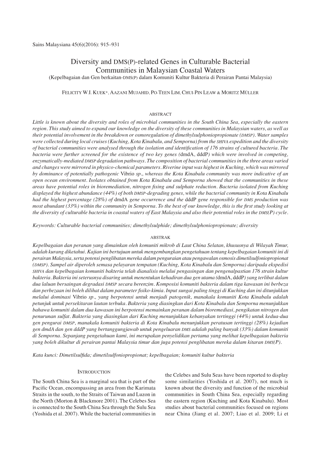 Diversity and DMS(P)-Related Genes in Culturable Bacterial Communities in Malaysian Coastal Waters