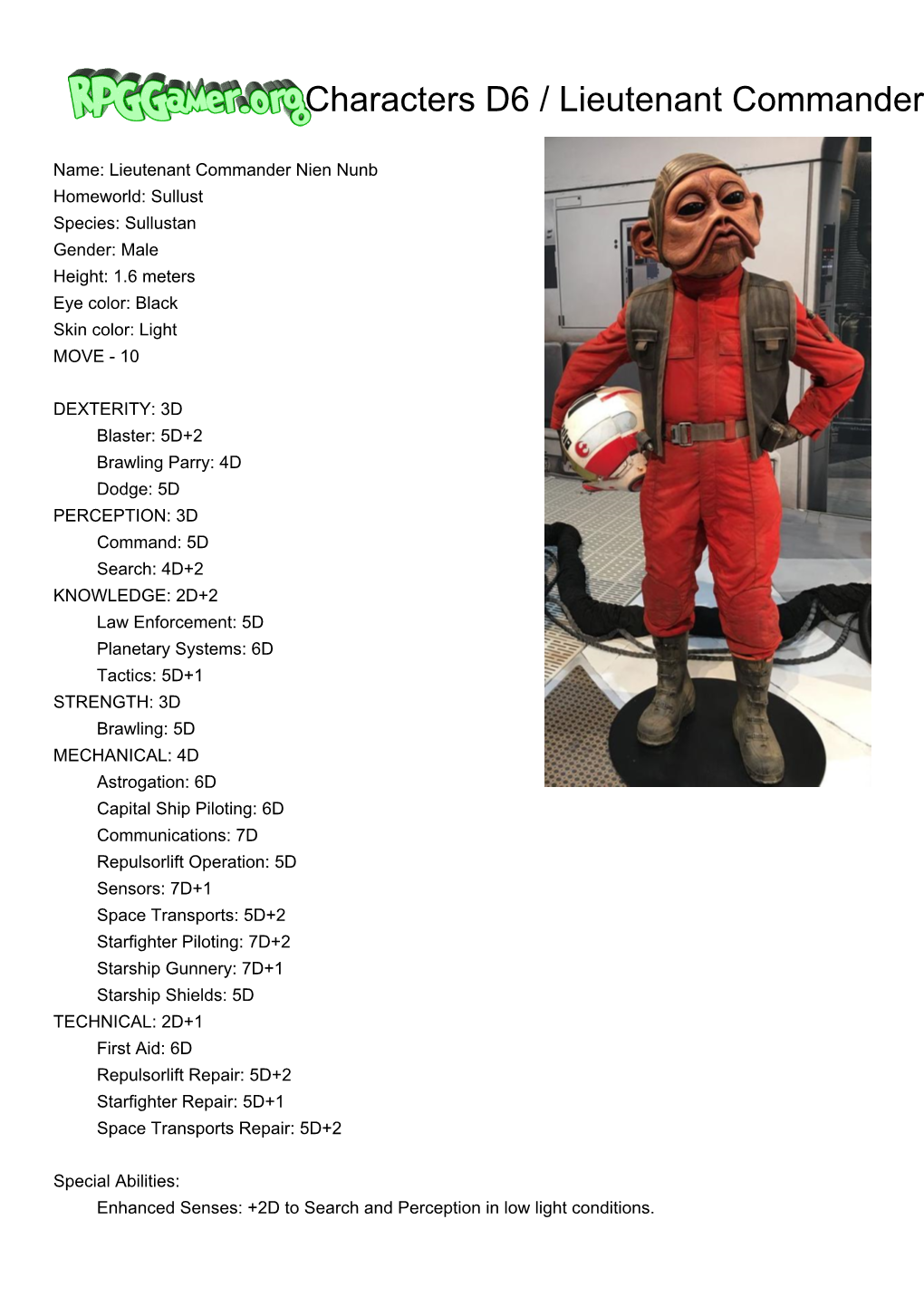 (Characters D6 / Lieutenant Commander Nien Nunb (Sullustan