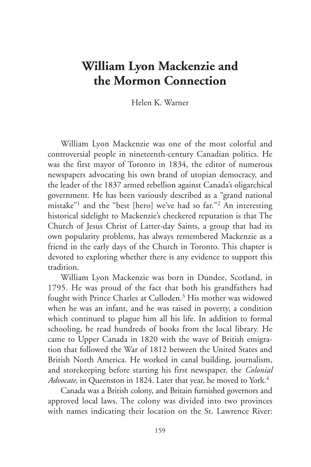 William Lyon Mackenzie and the Mormon Connection