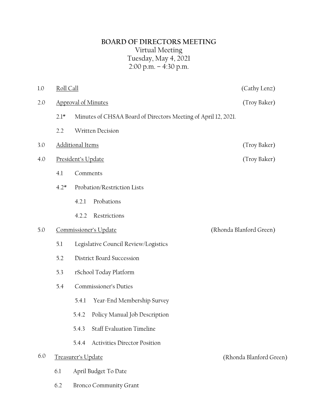 May 2021 Agenda