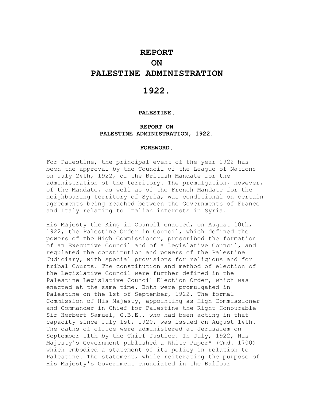 Report on Palestine Administration 1922